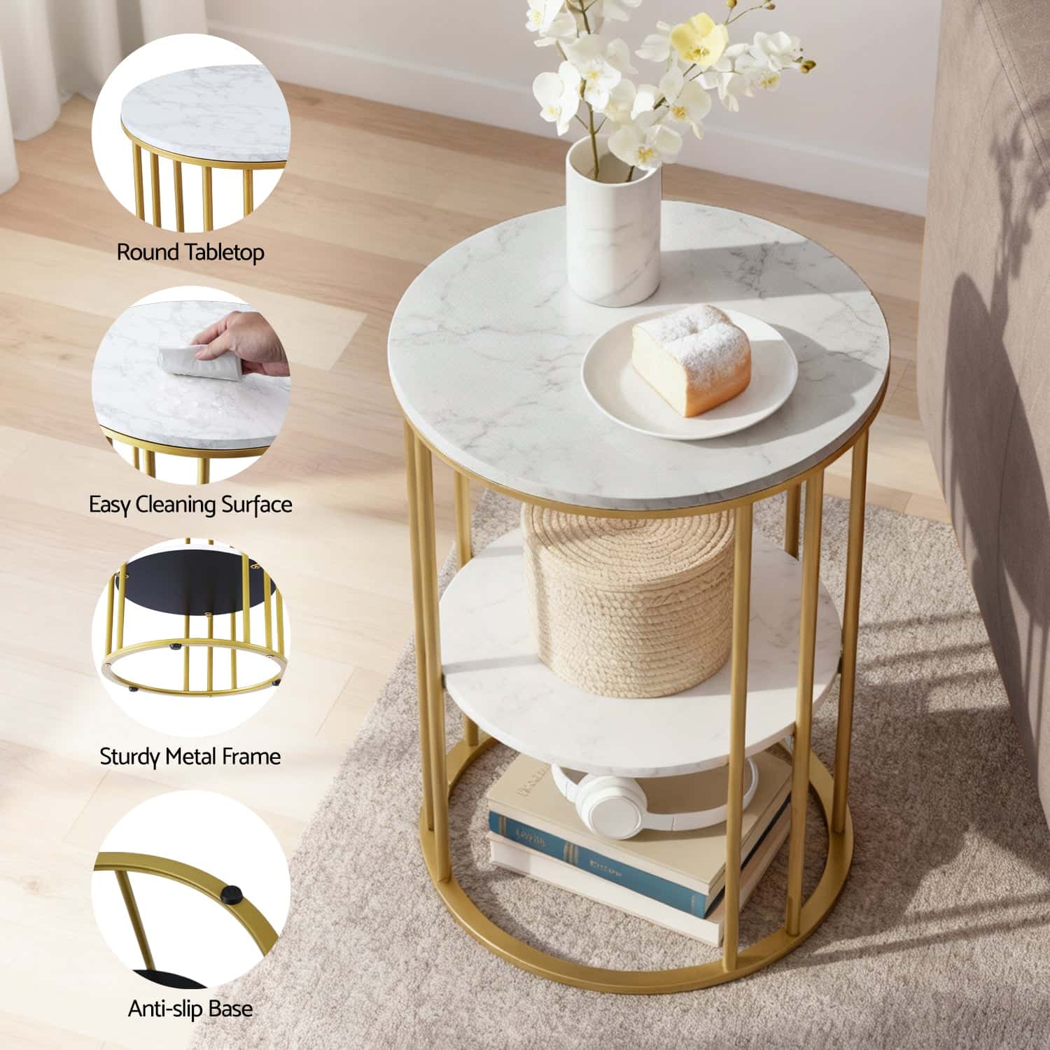 Best Coffee Table 2-Tier Round Marble Effect WhiteGold | Buy Online at Furniture Things Australia