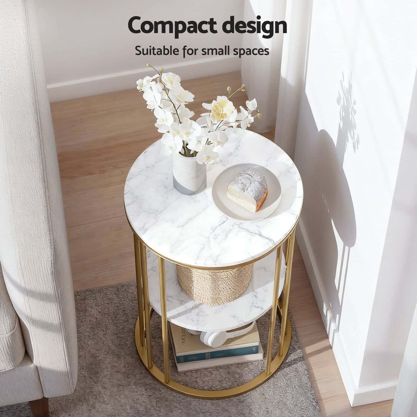 Best Coffee Table 2-Tier Round Marble Effect WhiteGold | Buy Online at Furniture Things Australia
