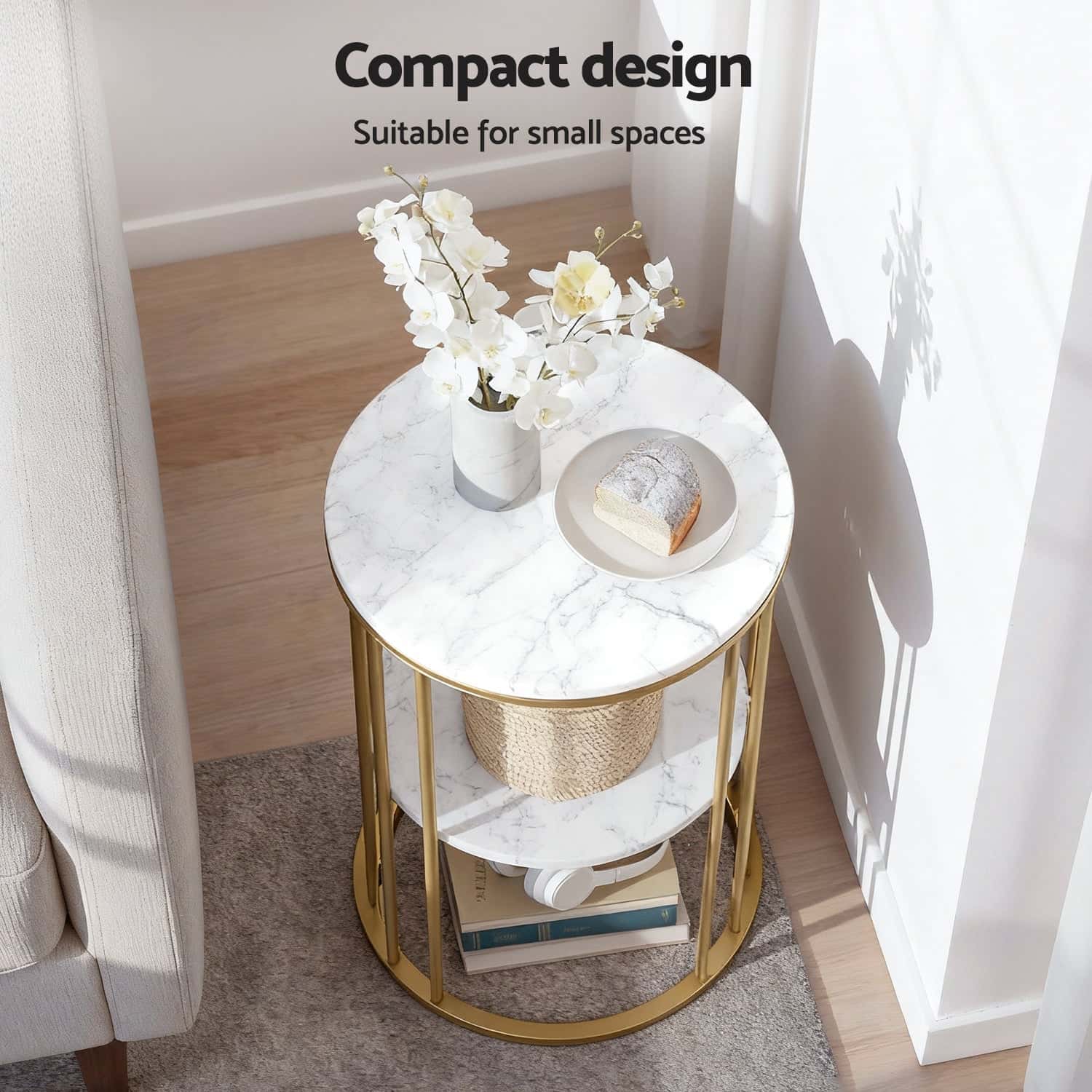 Best Coffee Table 2-Tier Round Marble Effect WhiteGold | Buy Online at Furniture Things Australia
