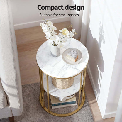 Best Coffee Table 2-Tier Round Marble Effect WhiteGold | Buy Online at Furniture Things Australia