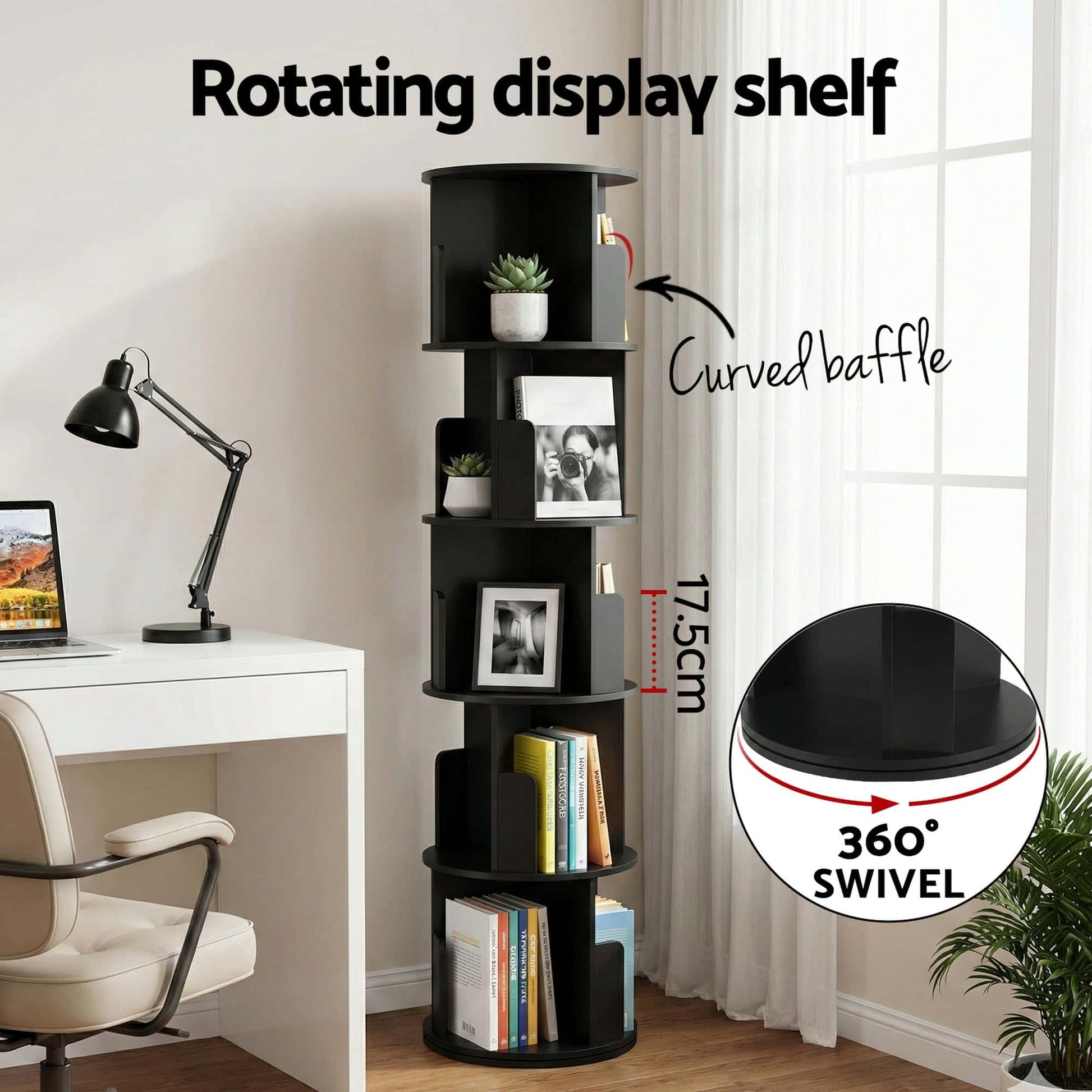 Best 5 Tiers Bookshelf Swivel Bookcase Display Shelves Stand Round Black | Buy Online at Furniture Things Australia