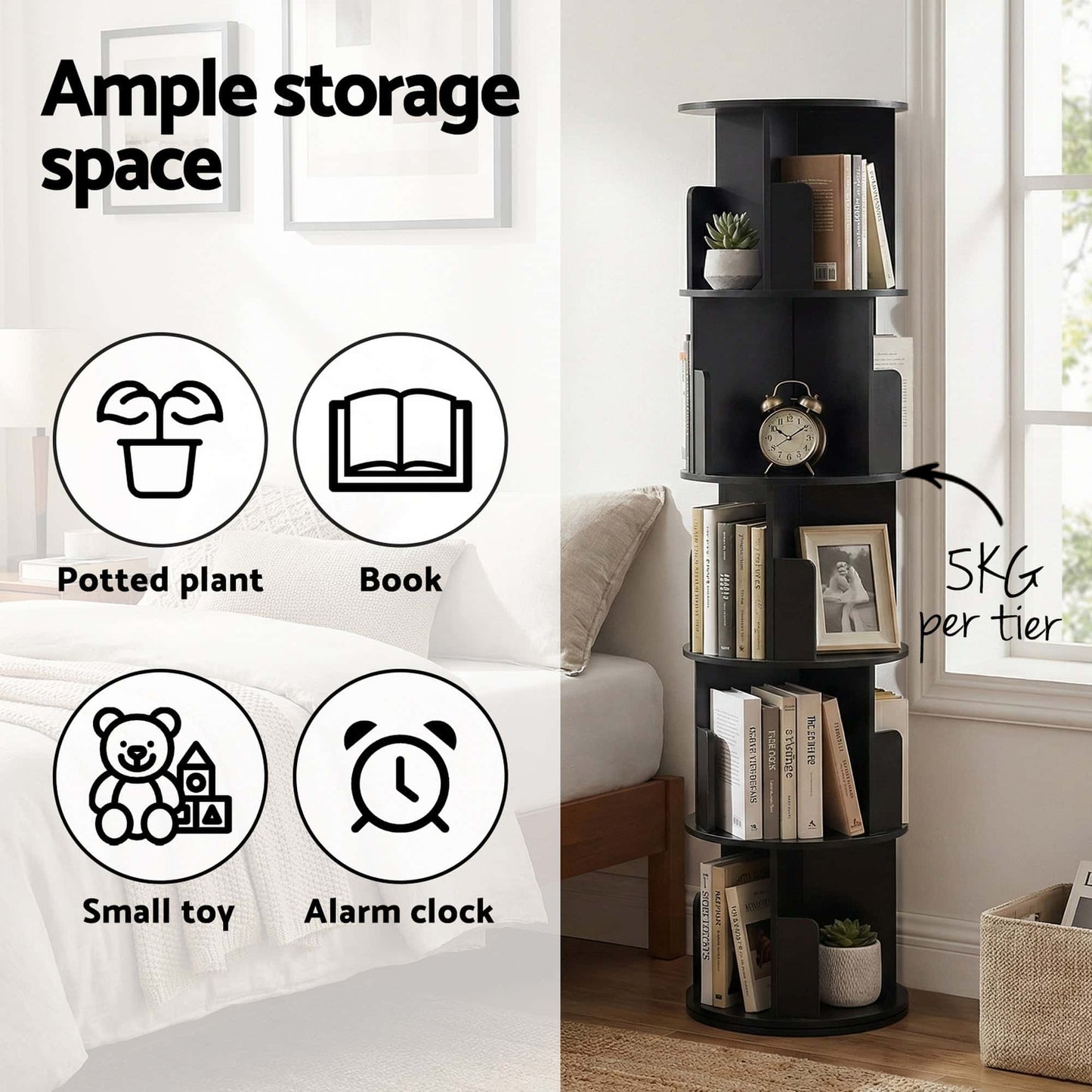 Best 5 Tiers Bookshelf Swivel Bookcase Display Shelves Stand Round Black | Buy Online at Furniture Things Australia
