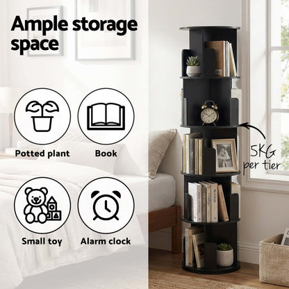 Best 5 Tiers Bookshelf Swivel Bookcase Display Shelves Stand Round Black | Buy Online at Furniture Things Australia