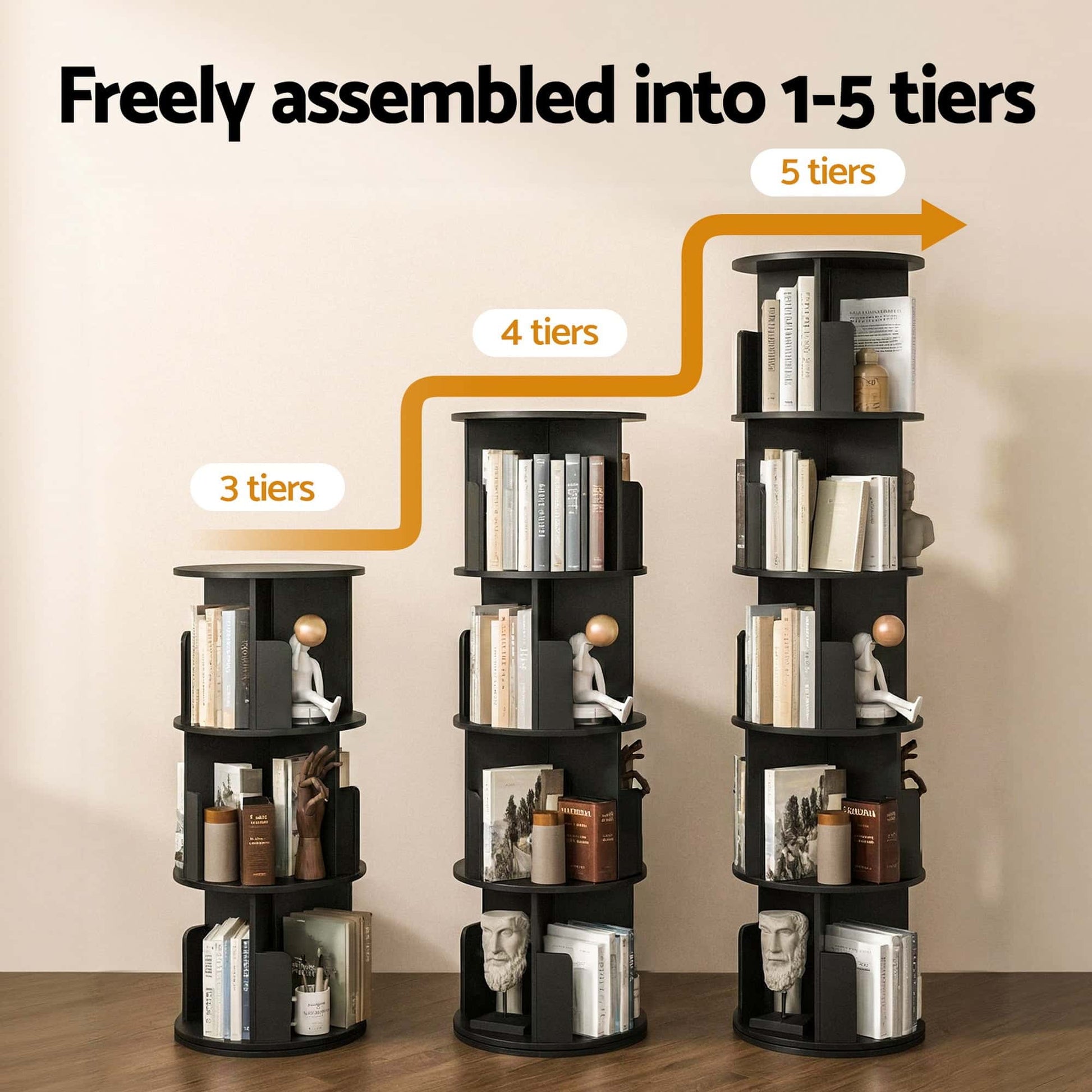 Best 5 Tiers Bookshelf Swivel Bookcase Display Shelves Stand Round Black | Buy Online at Furniture Things Australia