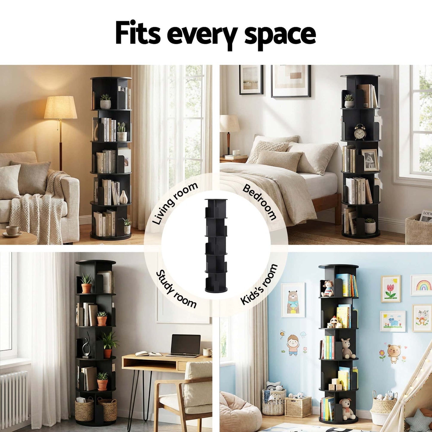 Best 5 Tiers Bookshelf Swivel Bookcase Display Shelves Stand Round Black | Buy Online at Furniture Things Australia