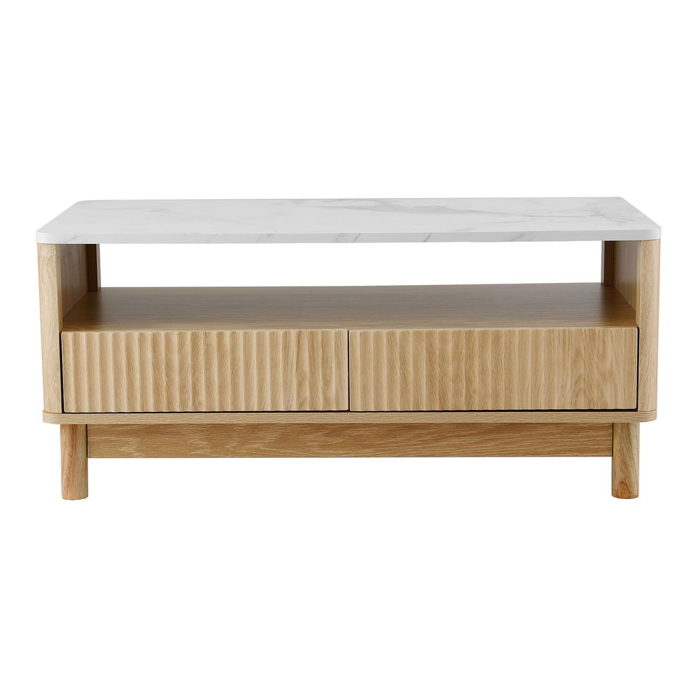 Coffee Table Drawer Shelf Marble Effect Wood&White