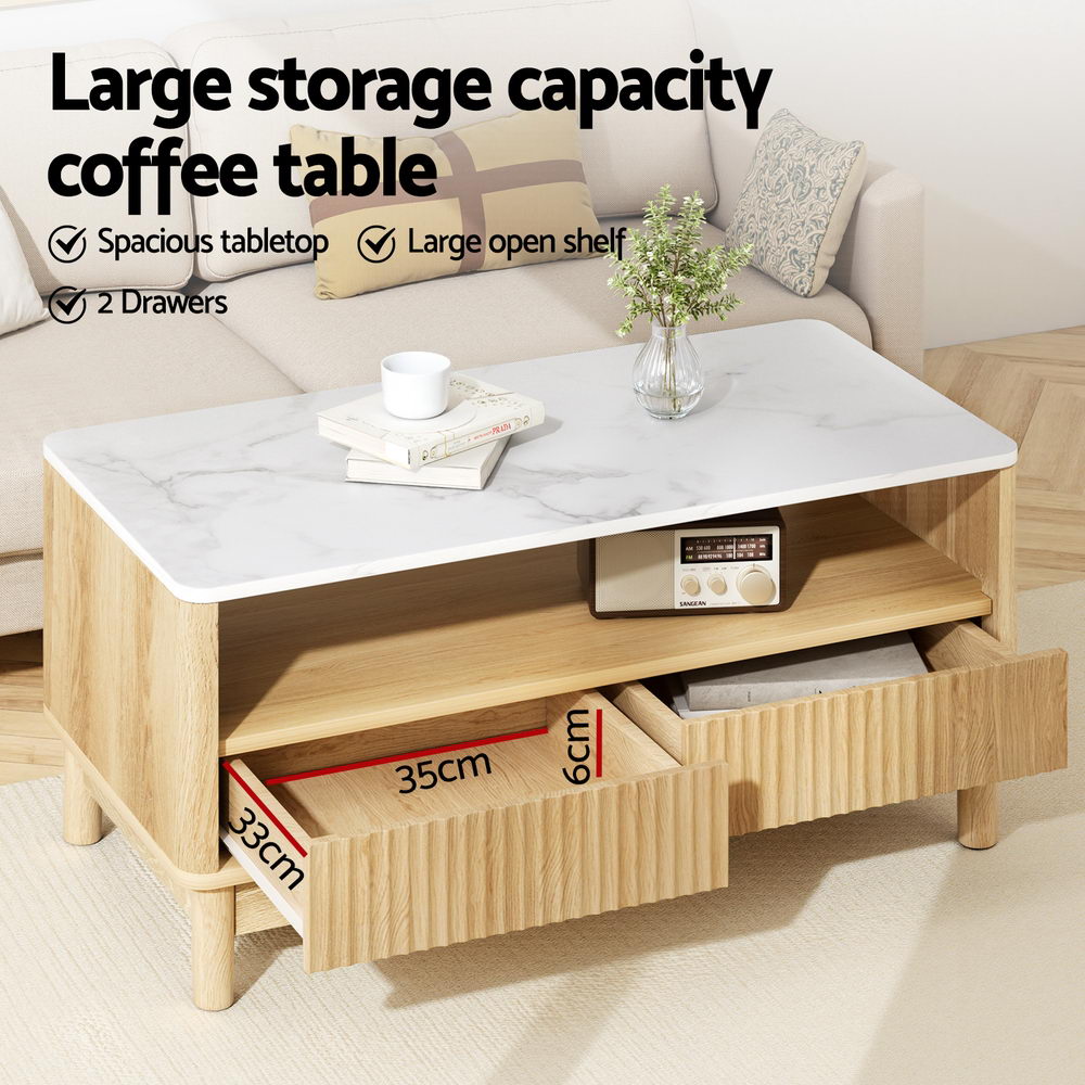 Coffee Table Drawer Shelf Marble Effect Wood&White