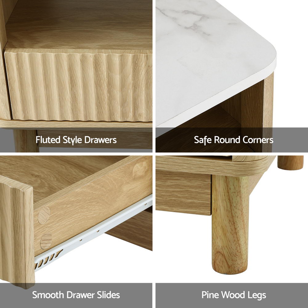 Coffee Table Drawer Shelf Marble Effect Wood&White