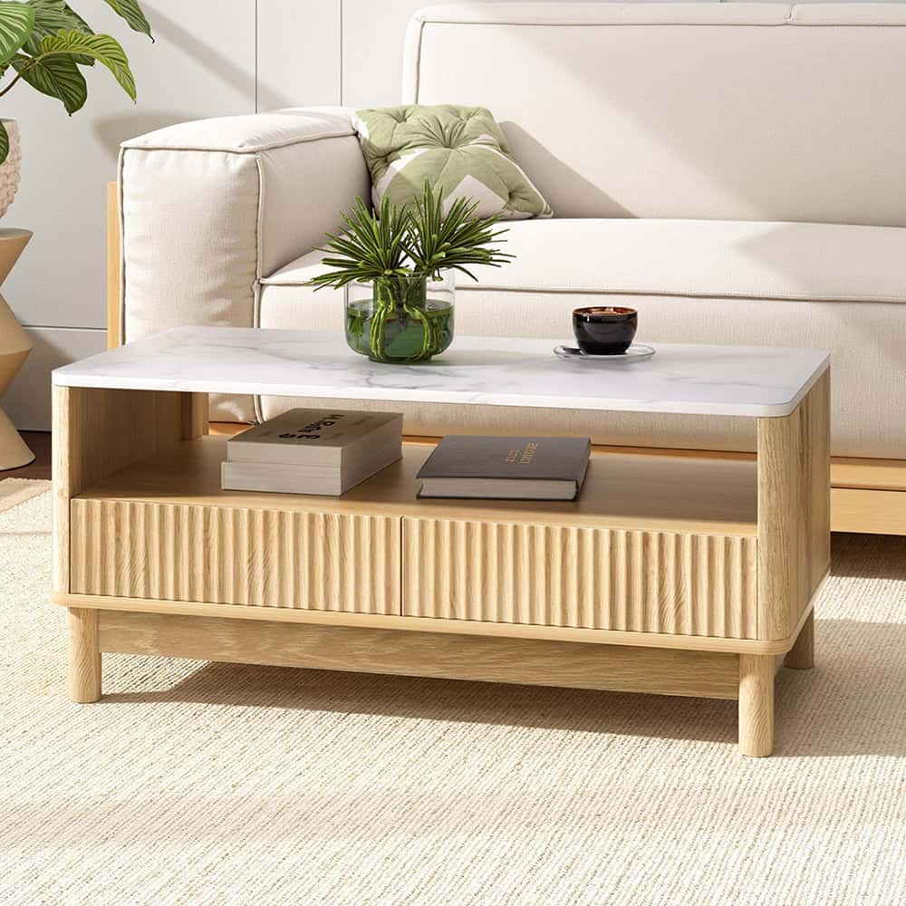 Best Coffee Table Drawer Shelf Marble Effect WoodWhite | Buy Online at Furniture Things Australia