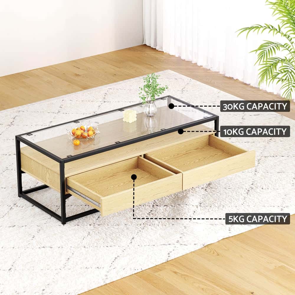Best Coffee Table 2 Drawers Glass Tabletop Pine | Buy Online at Furniture Things Australia