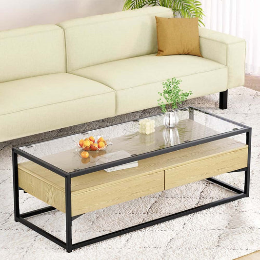 Best Coffee Table 2 Drawers Glass Tabletop Pine | Buy Online at Furniture Things Australia