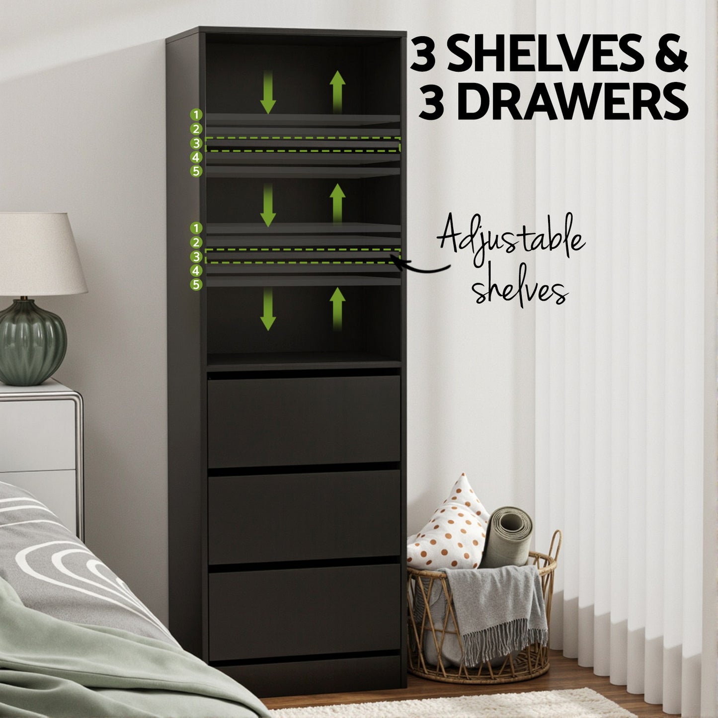 3 Chest of Drawers Tallboy Cabinet Black