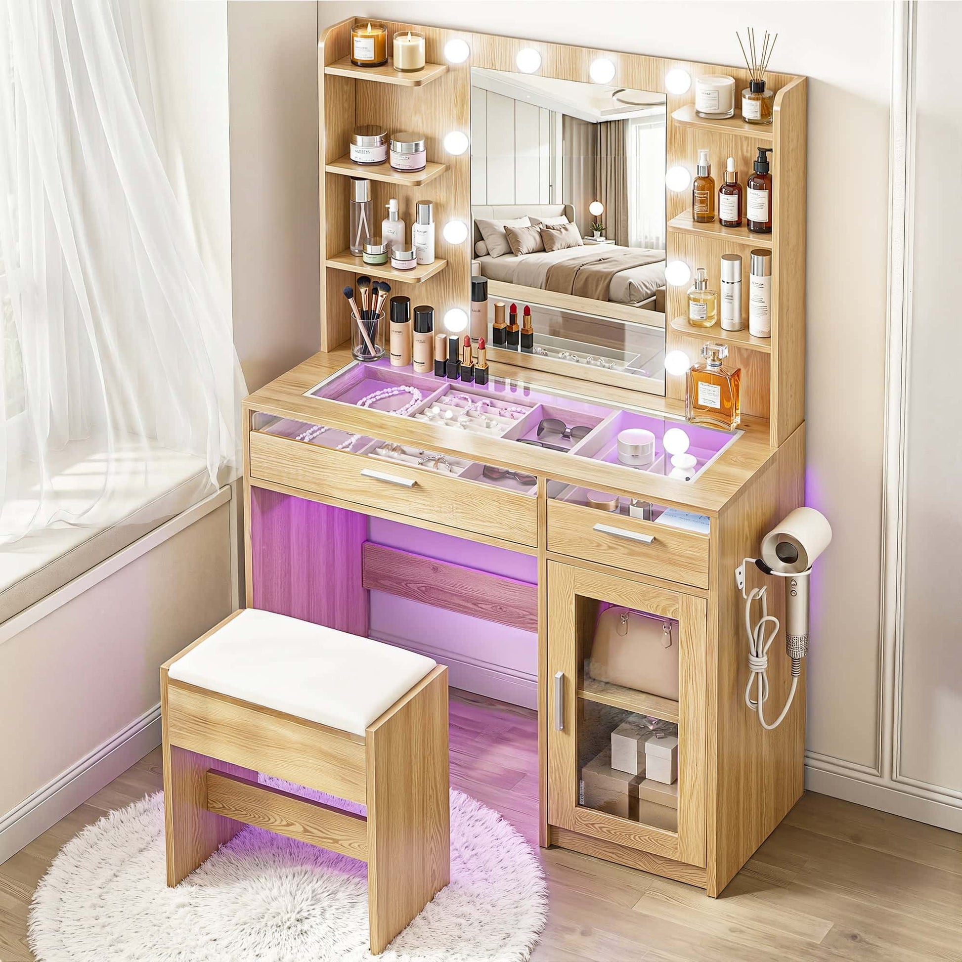 Best Dressing Table Vanity Desk Set 10 LED Bulbs RGB Light Wood | Buy Online at Furniture Things Australia