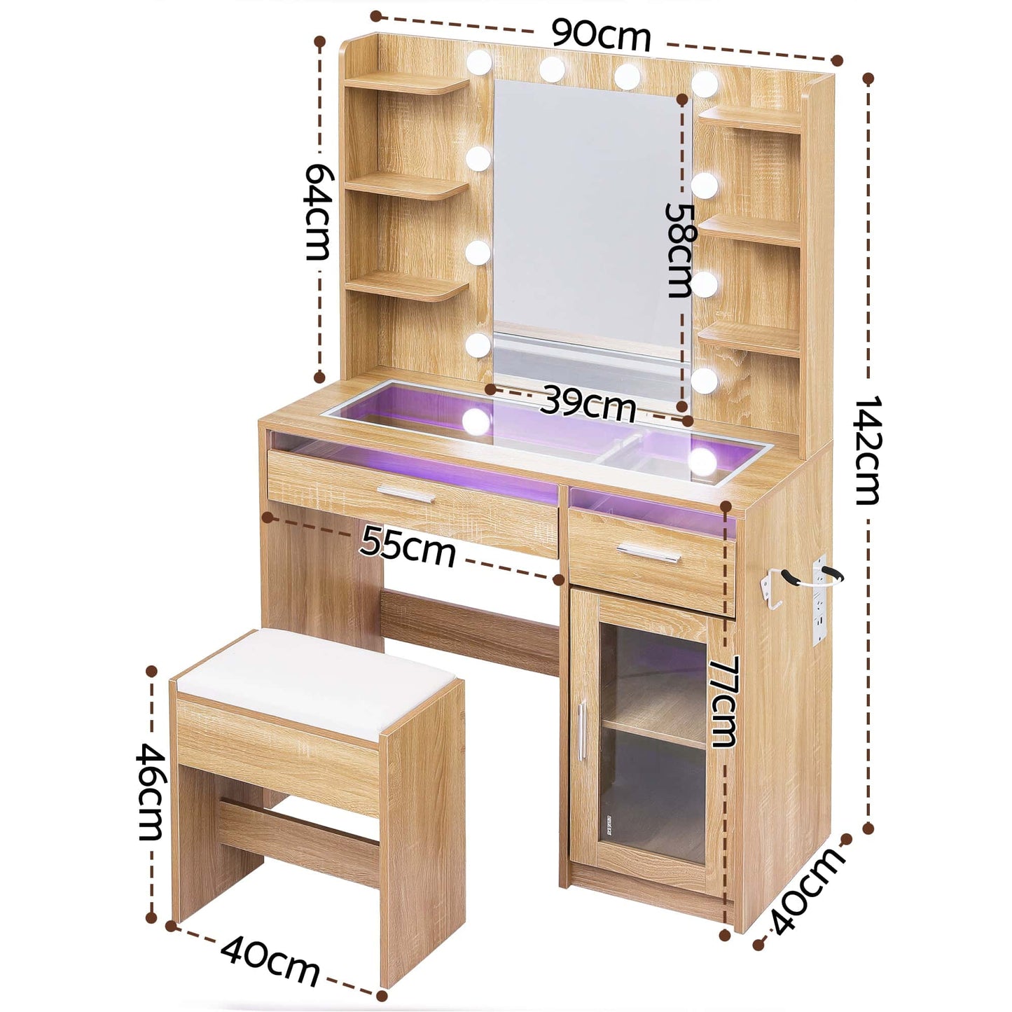 Best Dressing Table Vanity Desk Set 10 LED Bulbs RGB Light Wood | Buy Online at Furniture Things Australia