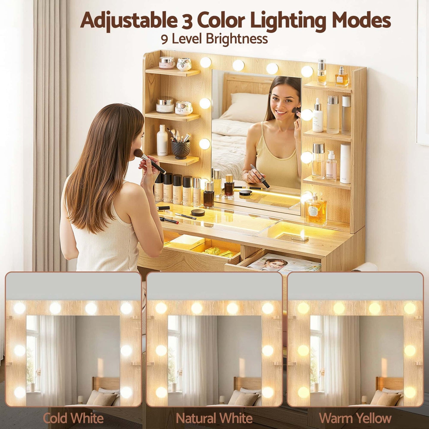 Best Dressing Table Vanity Desk Set 10 LED Bulbs RGB Light Wood | Buy Online at Furniture Things Australia