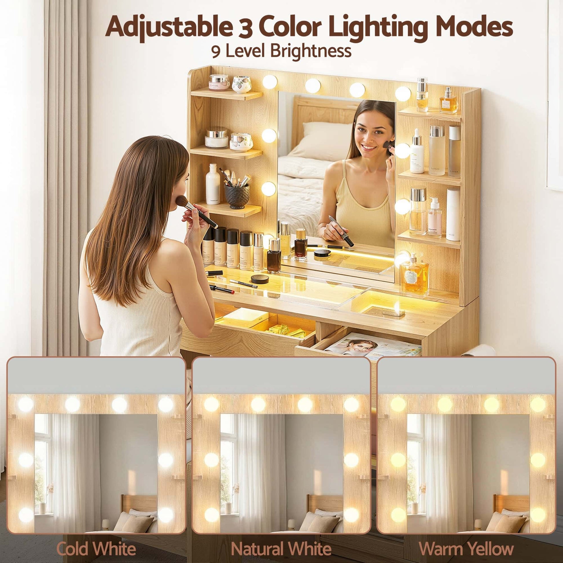 Best Dressing Table Vanity Desk Set 10 LED Bulbs RGB Light Wood | Buy Online at Furniture Things Australia