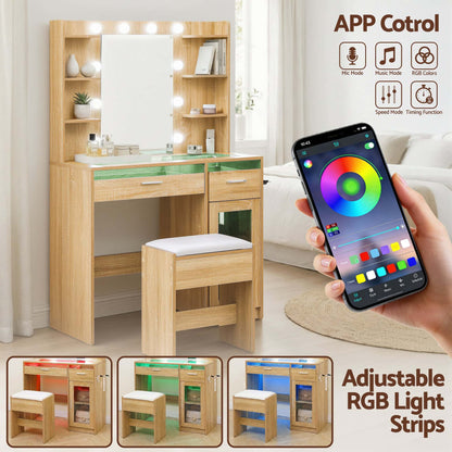Best Dressing Table Vanity Desk Set 10 LED Bulbs RGB Light Wood | Buy Online at Furniture Things Australia