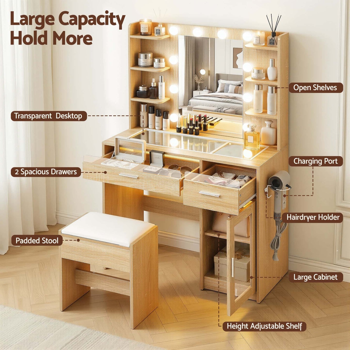 Best Dressing Table Vanity Desk Set 10 LED Bulbs RGB Light Wood | Buy Online at Furniture Things Australia