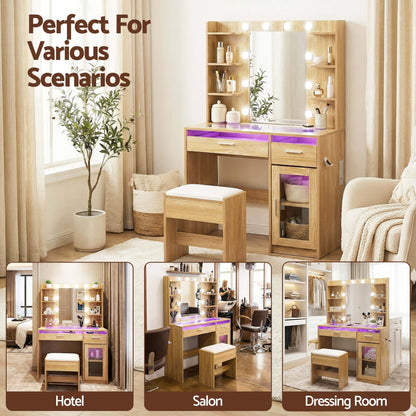 Best Dressing Table Vanity Desk Set 10 LED Bulbs RGB Light Wood | Buy Online at Furniture Things Australia