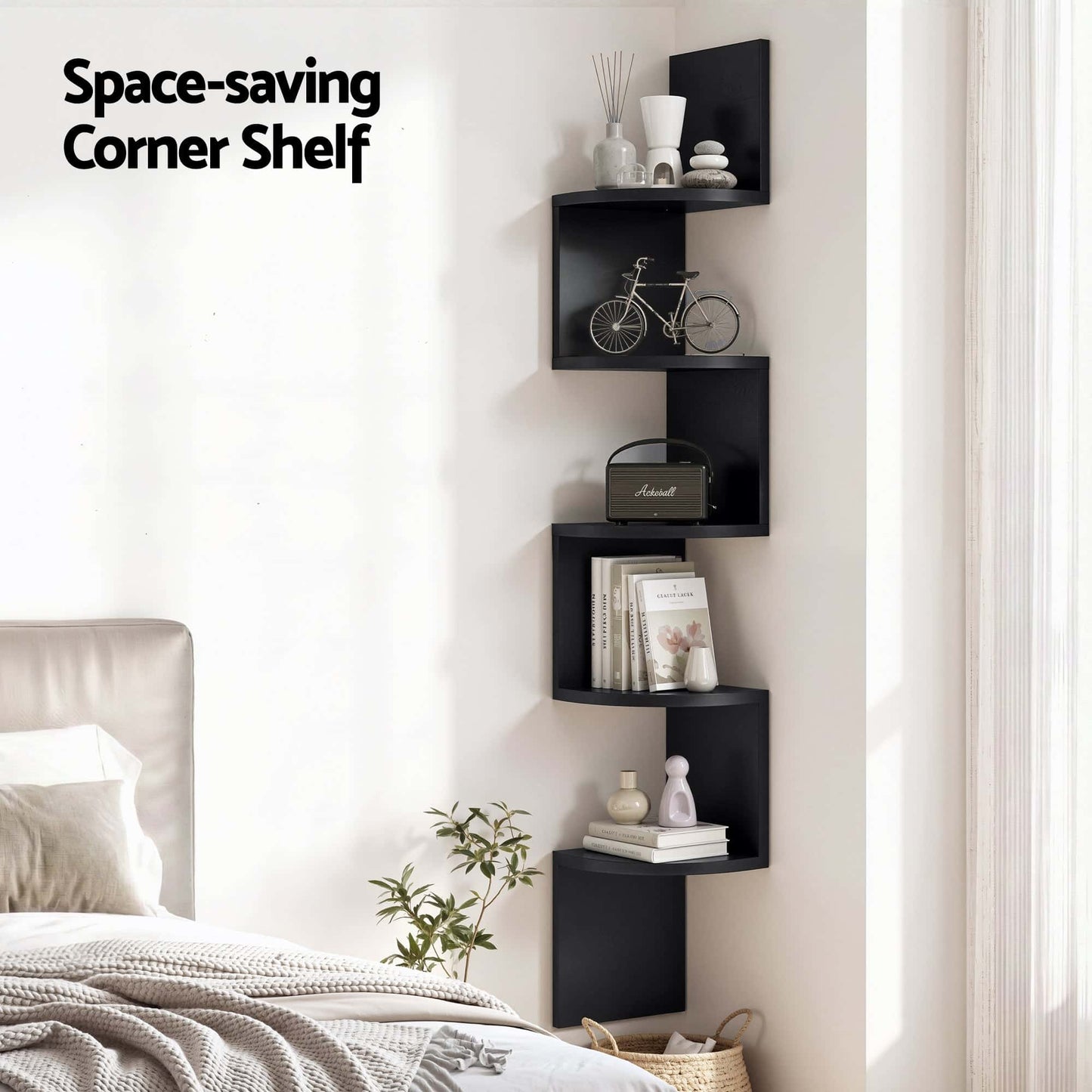 Best Wall Shelf Bookshelf Corner Floating 5-Tier Black | Buy Online at Furniture Things Australia
