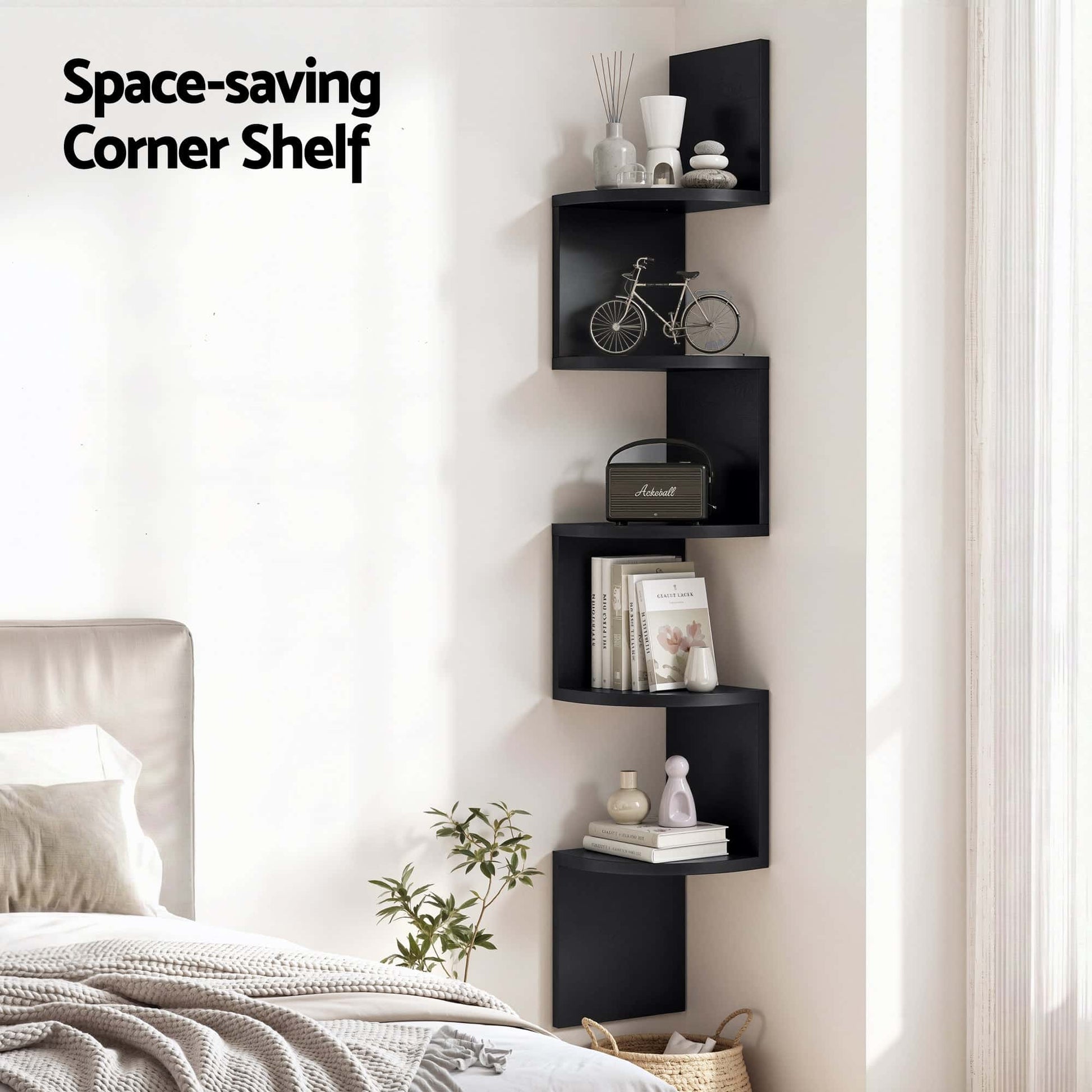 Best Wall Shelf Bookshelf Corner Floating 5-Tier Black | Buy Online at Furniture Things Australia