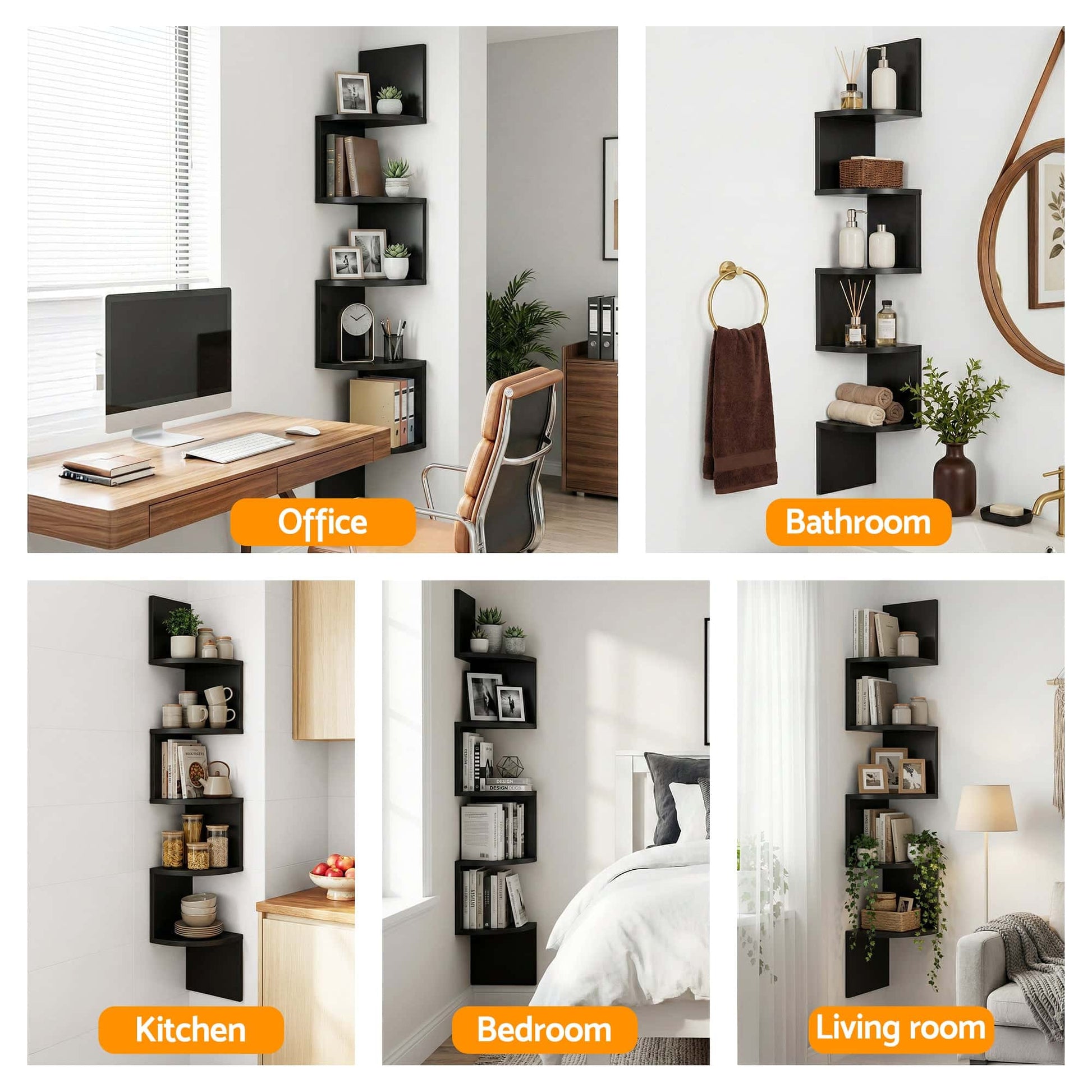 Best Wall Shelf Bookshelf Corner Floating 5-Tier Black | Buy Online at Furniture Things Australia