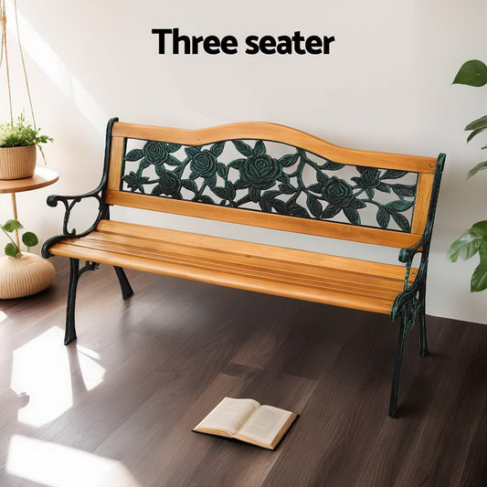 Outdoor Garden Bench Seat 126cm Wooden Cast Iron 3 Seater Patio Furniture