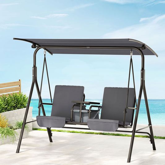 Outdoor Swing Chair Garden Chair Canopy Cup Holder 2 Seater Grey