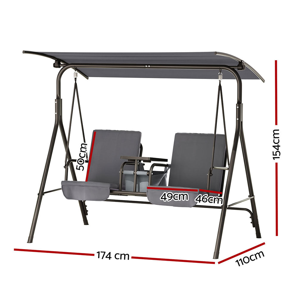 Outdoor Swing Chair Garden Chair Canopy Cup Holder 2 Seater Grey