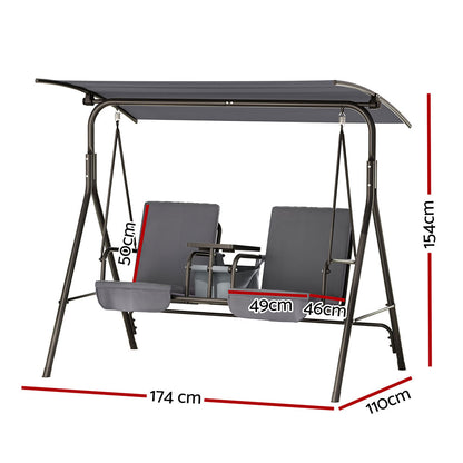 Outdoor Swing Chair Garden Chair Canopy Cup Holder 2 Seater Grey