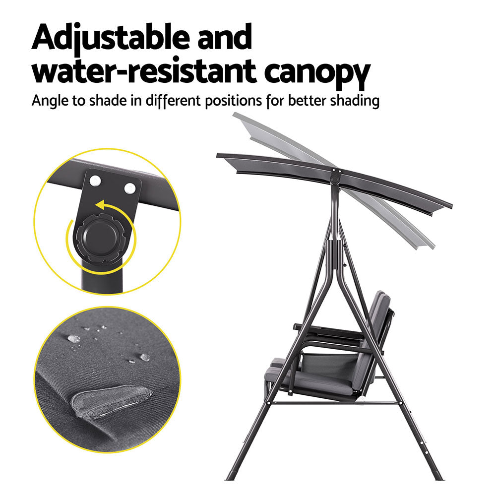 Outdoor Swing Chair Garden Chair Canopy Cup Holder 2 Seater Grey