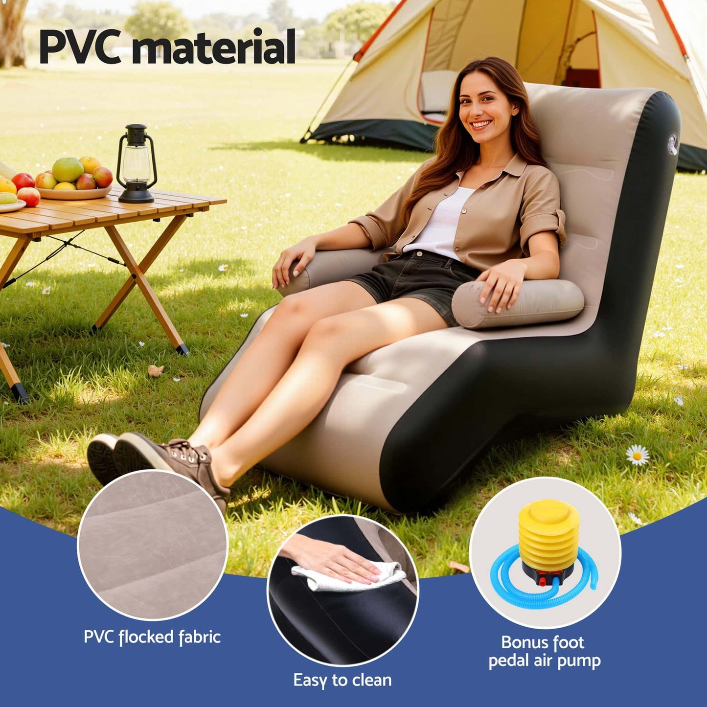 Best Inflatable Chair Sun Lounger Blow Up Folding Air Chairs Sofa for Camping with Pump | Buy Online at Furniture Things
