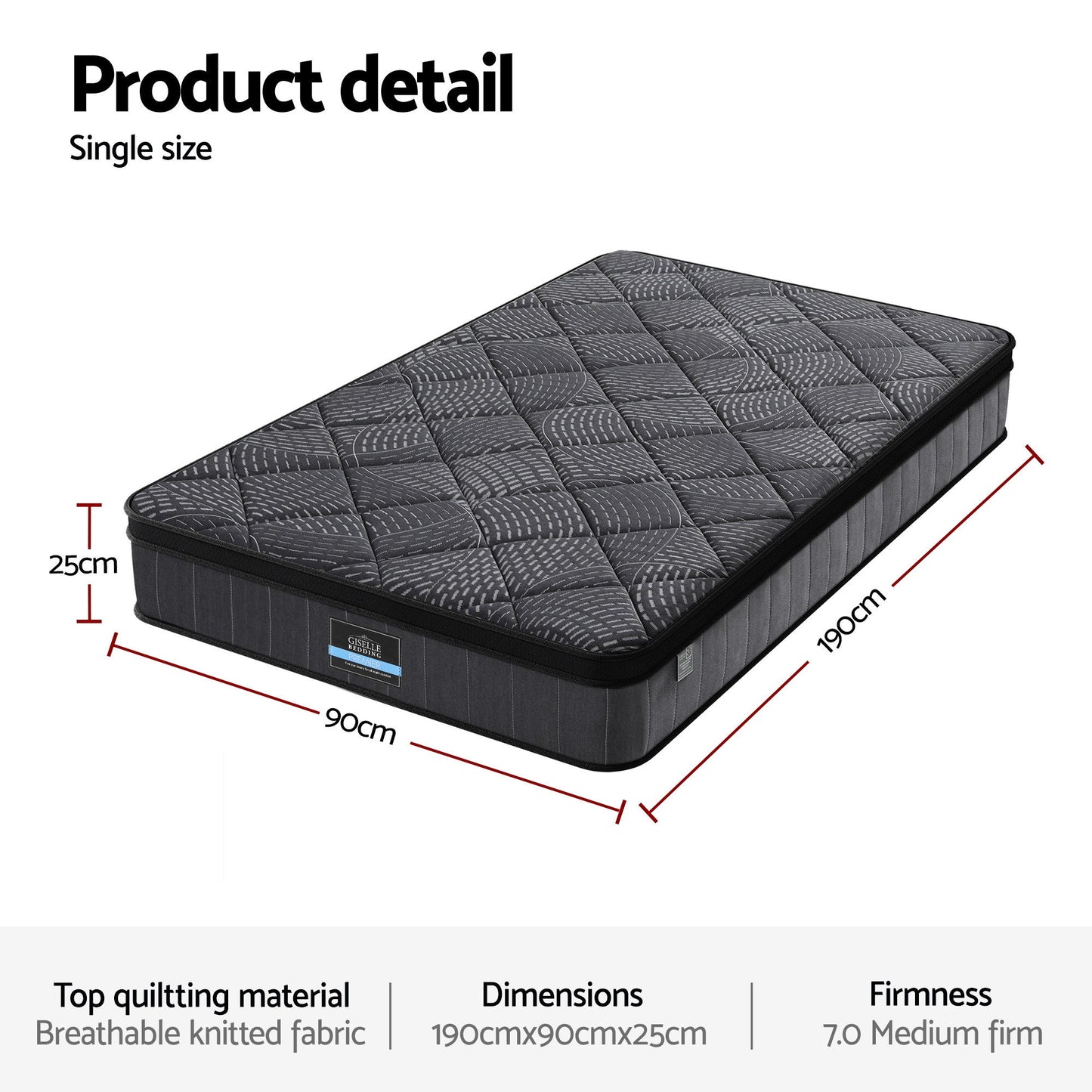 Bedding Single Mattress 25cm Pocket Spring Latex Euro Top Medium Firm Bed