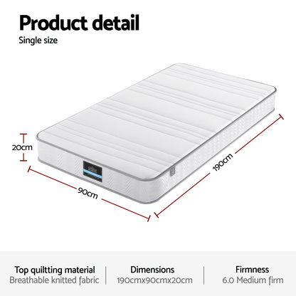 Single Mattress 20cm with Reinforced Edge Support Egg-Crate Foam