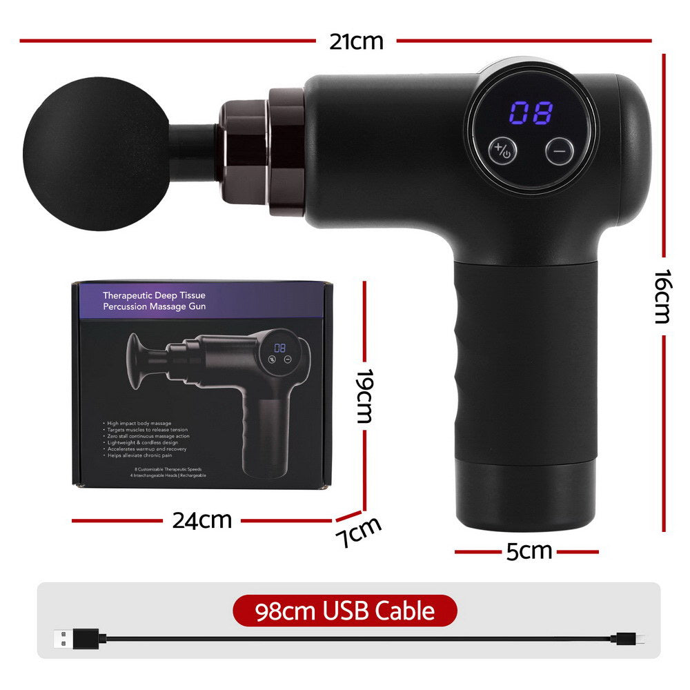 Massage Gun 8 Speed 4 Heads Vibration Muscle Massager Chargeable Black