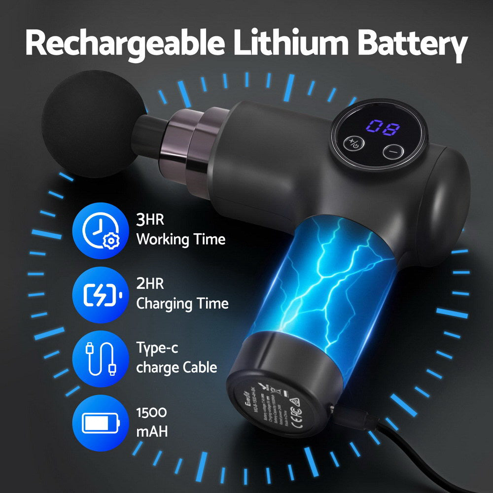 Massage Gun 8 Speed 4 Heads Vibration Muscle Massager Chargeable Black