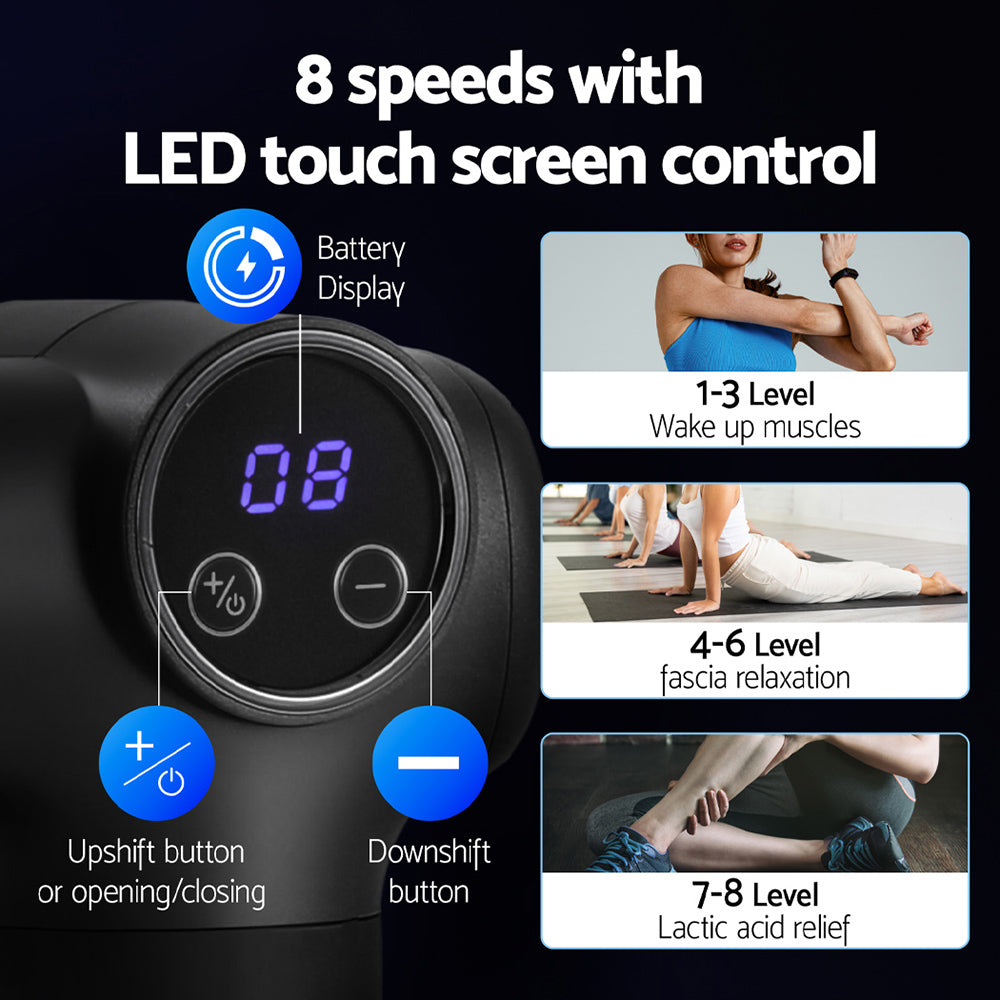 Massage Gun 8 Speed 4 Heads Vibration Muscle Massager Chargeable Black