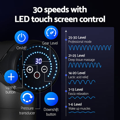 Massage Gun 30 Speed 6 Heads Vibration Muscle Massager Chargeable Black
