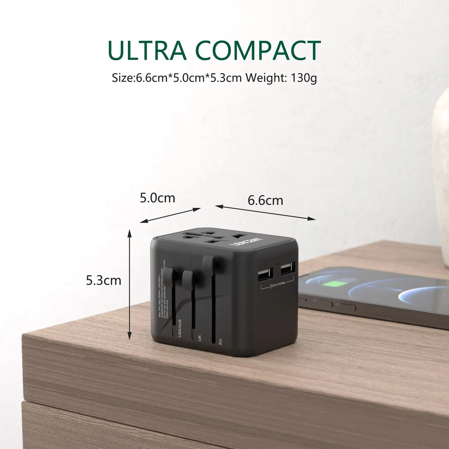 Travel Adapter Universal All-in-One with 2 USB