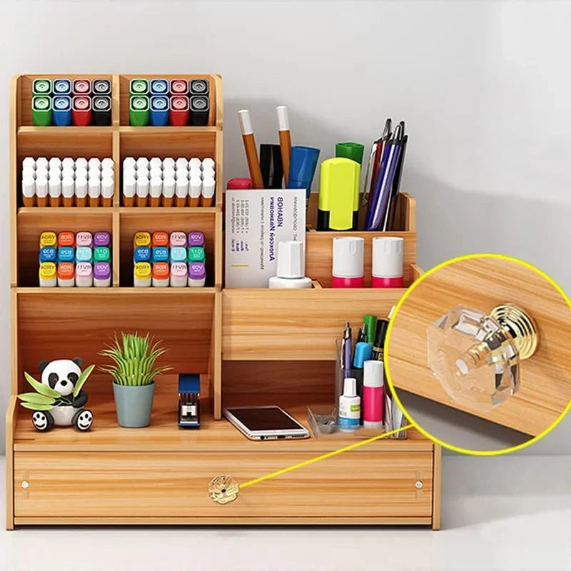 Desk Organizer Wooden Large-Capacity Pen Holder Drawer