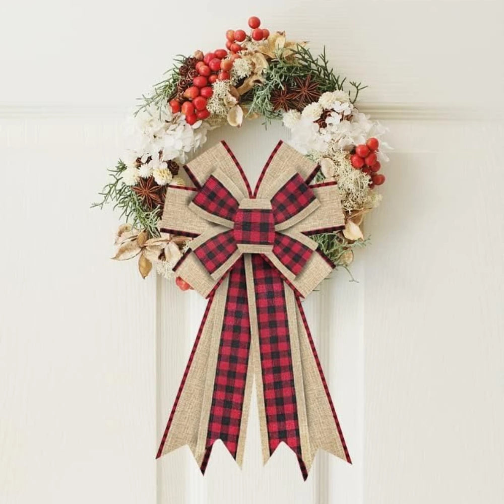 Christmas Wreath with Red &  Black Plaid Bow Burlap
