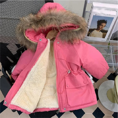 Girls' outerwear with plush cotton jacket for winter skiing and outdoor activities, girls' solid color hooded thick coat