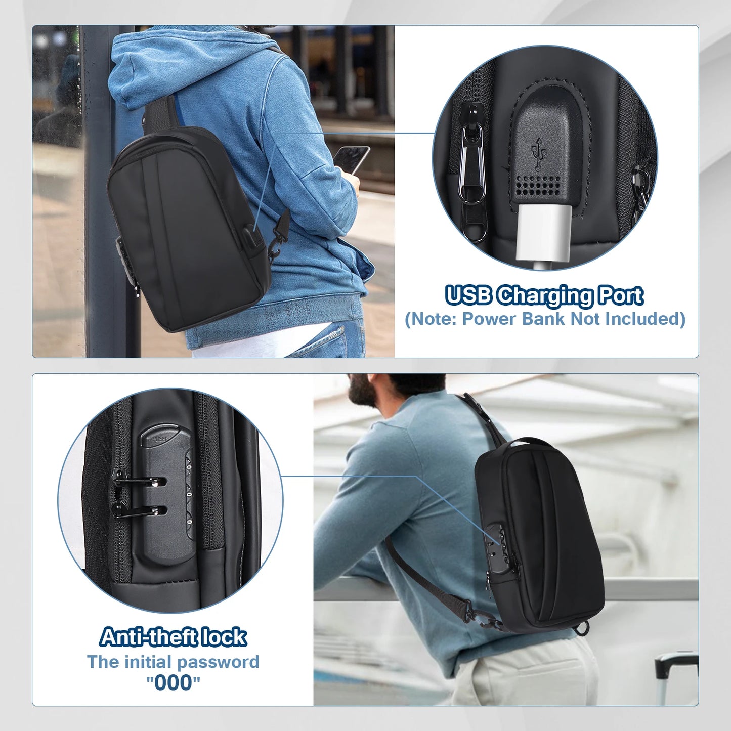 Men Anti-Theft Sling Bag with Waterproof USB Crossbody