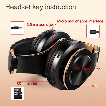 Wireless Headphones Bluetooth with Gold Stereo Foldable Mic
