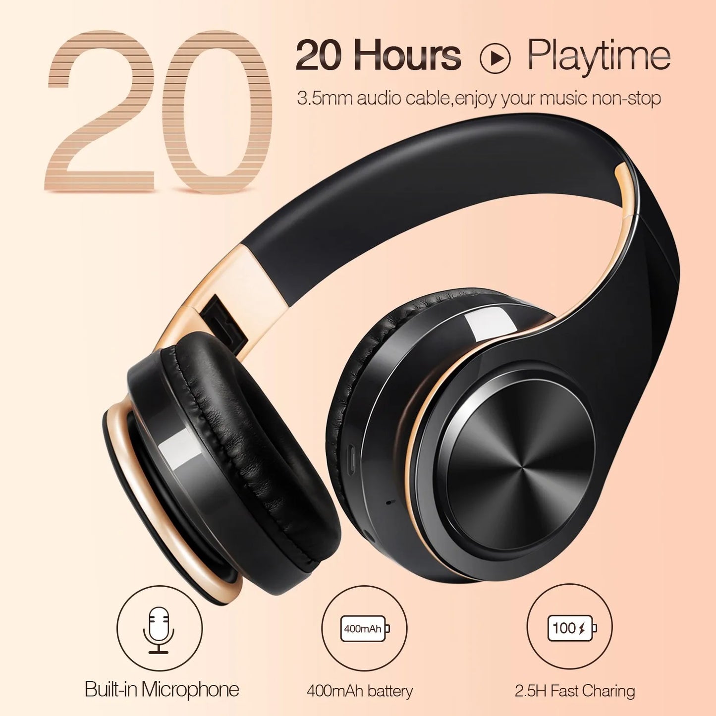 Wireless Headphones Bluetooth with Gold Stereo Foldable Mic