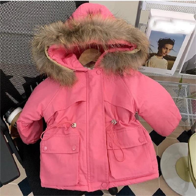 Girls' outerwear with plush cotton jacket for winter skiing and outdoor activities, girls' solid color hooded thick coat