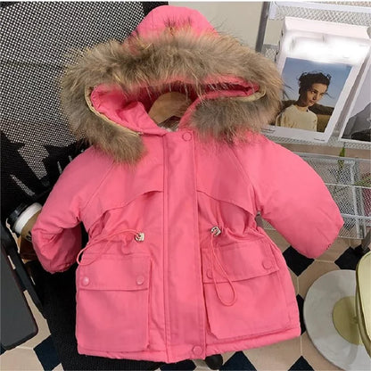 Girls' outerwear with plush cotton jacket for winter skiing and outdoor activities, girls' solid color hooded thick coat