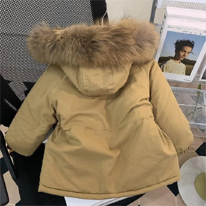 Girls' outerwear with plush cotton jacket for winter skiing and outdoor activities, girls' solid color hooded thick coat
