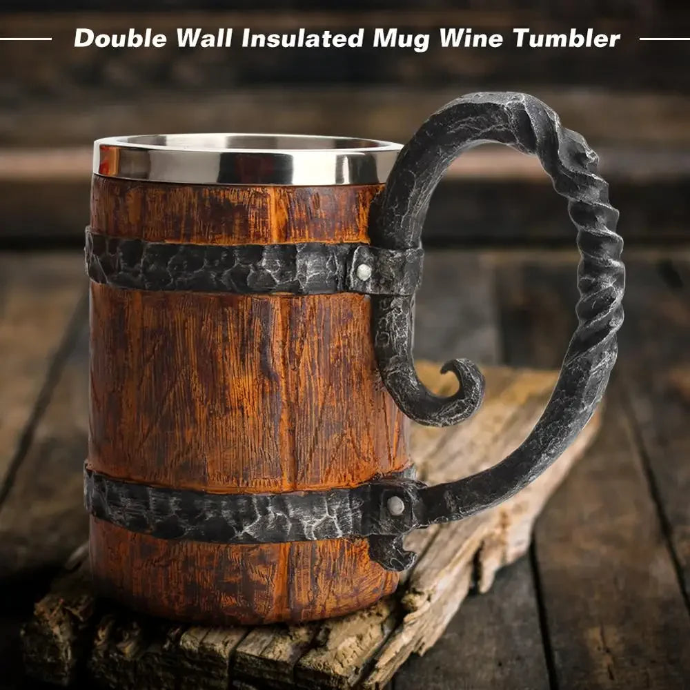 Beer Mug Stainless Steel Double Wall Viking Wood Style