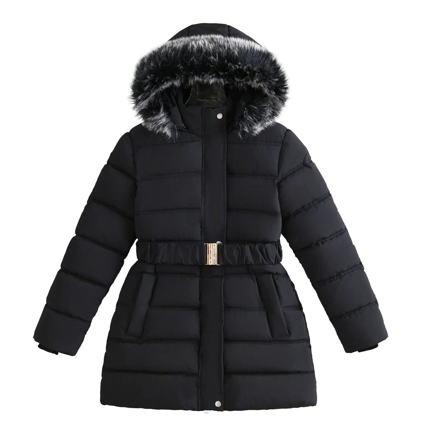 Girls' outerwear with plush cotton jacket for winter skiing and outdoor activities, girls' solid color hooded thick coat